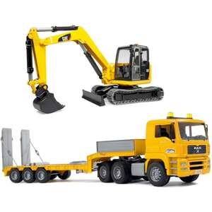 משאית עם גרר MAN 86 ס"מ + מיני מחפרון CAT מבית Bruder