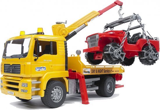 משאית גרר עם מנוף MAN + ג'יפ מבית Bruder