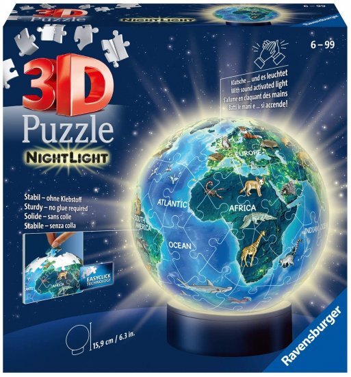 פאזל מנורת לילה כדור תלת מימד 72 חלקים מבית Ravensburger - בעלי חיים בעולם