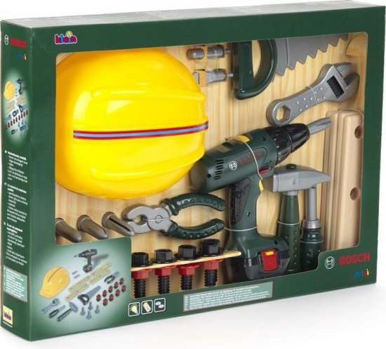 סט כלי עבודה + מברגה חשמלית + קסדה לילדים מבית Klein Bosch Mini