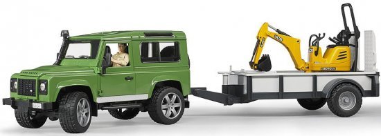 ג'יפ לנד רובר דיפנדר + עגלה +מיני מחפרון JCB + דמות bworld מבית Bruder