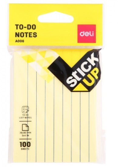 12 פנקסי פתקים דביקים עם שורות 76×101 מ''מ מבית Deli צהוב - 12 יחידות - 100 פתקים בכל יחידה - 1200 סך הכול