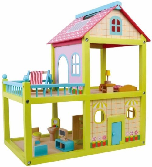 בית בובות צבעוני מעץ שתי קומות כולל ריהוט מבית Pit Toys