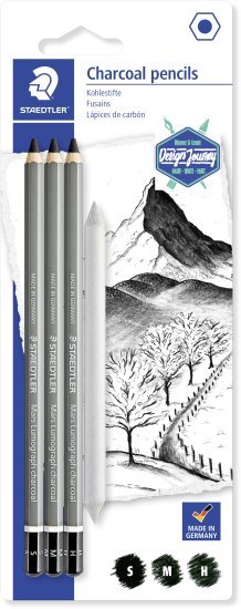 חבילת עפרונות פחם 3 יחידות ומורח פחם Staedtler Mars Lumograph Charcoal 100
