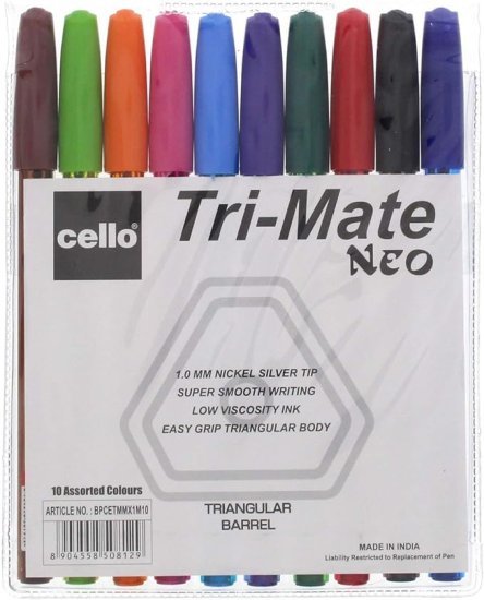 חבילת 10 עטים כדוריים 1.0 דגם Cello Tri-Mate Neo מבית BIC - צבעוני