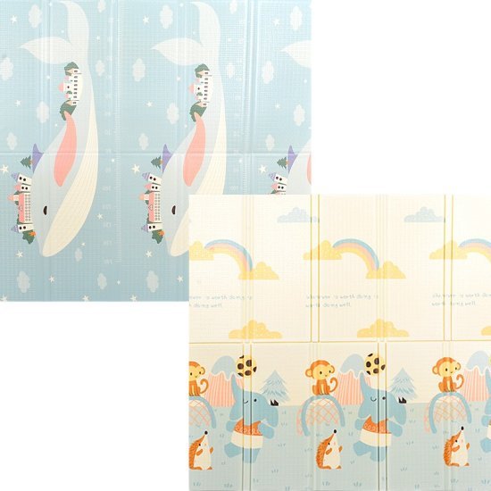 משטח פעילות מתקפל דו צדדי לתינוקות מבית Yamayo - איורי לוויתן וחיות משחקות בכדור