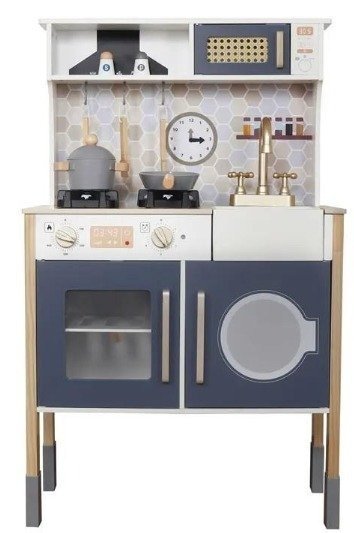 מטבח מעץ לילדים 94.5x29.5x59.5 ס"מ עם 8 אביזרים מבית Anonima - כחול ולבן
