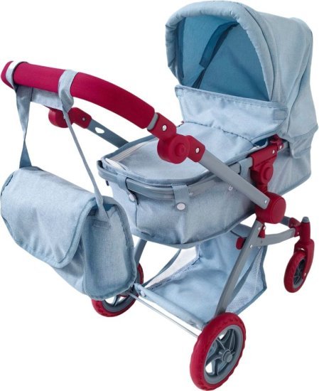 עגלת שכיבה ישיבה לבובה + תיק מבית New York Doll Collection - צבע ג'ינס בהיר