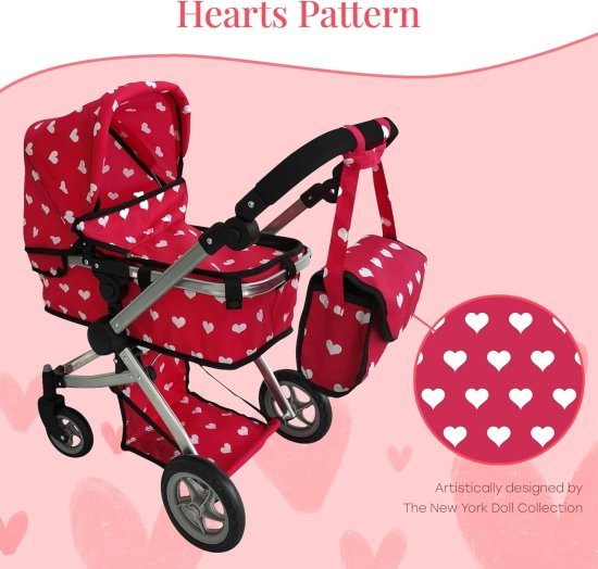 עגלת שכיבה ישיבה לבובה + תיק מבית New York Doll Collection - צבע ורוד לבבות