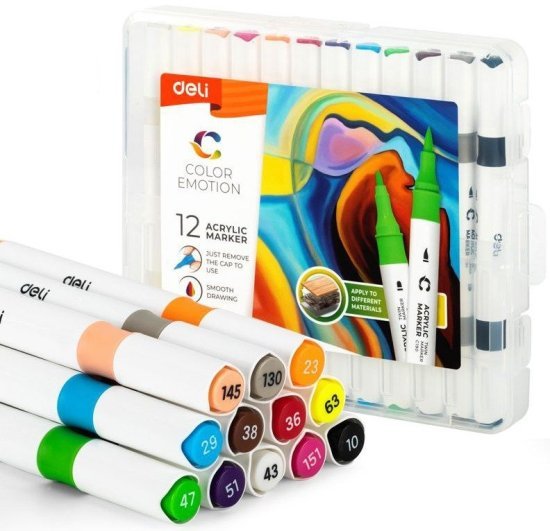 מארז 12 טושים אקרילים דו צדדים Deli