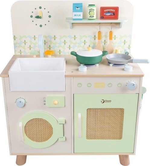 מטבח עץ לילדים 60X30X74.4 ס''מ כולל מכונת כביסה ואביזרים Classic World