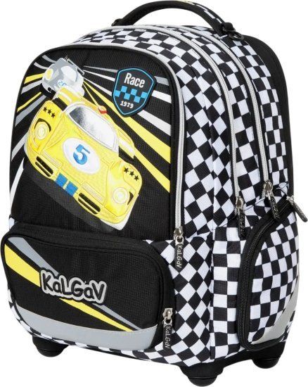 תיק גב אורתופדי לילדים דגם X-Fix מבית Kal Gav - צבע שחור לבן, עיצוב מכונית מירוץ