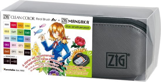 סט 20 יחידות טוש מכחול Clean Color Real Brush + זוג עטים ZIG Mangaka