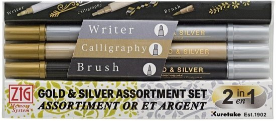 סט 3 טושים ראש עגול קליגרפי ומכחול ZIG - זהב וכסף