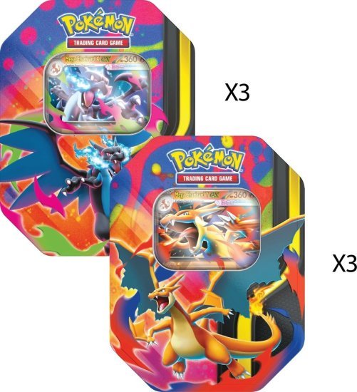 קלפי אספנות פוקימון Pokemon TCG ME: Spring 2026 Tin Case - מארז סגור שכולל: שלוש יחידות Mega Charizard X ex + שלוש יחידות Mega Charizard Y ex